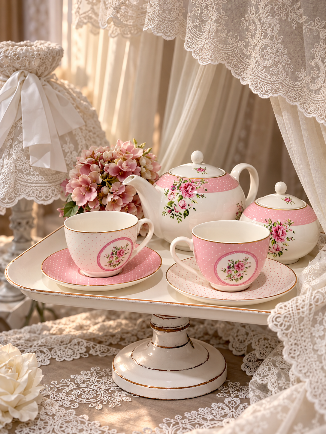 Set 4 tazze da tè con piattino – Rosa romantico 🌸