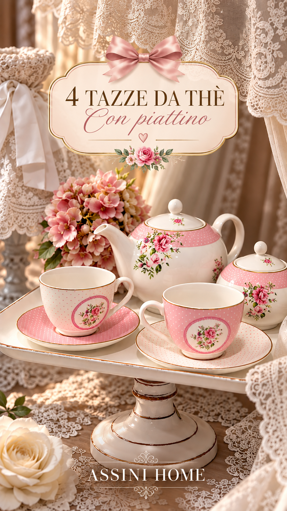 Set 4 tazze da tè con piattino – Rosa romantico 🌸